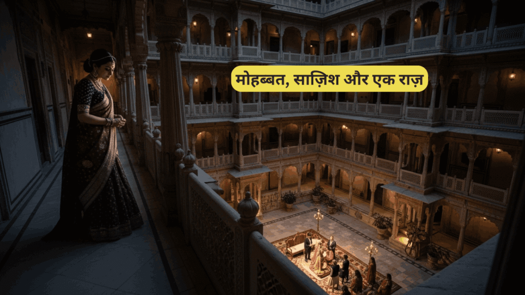 एक भव्य भारतीय हवेली के अंदर हो रही एक रहस्यमयी शादी का दृश्य, जिसमें सेहरे से ढके दूल्हे के पास एक दुल्हन बैठी है और एक अन्य महिला उन्हें परछाई से देख रही है।