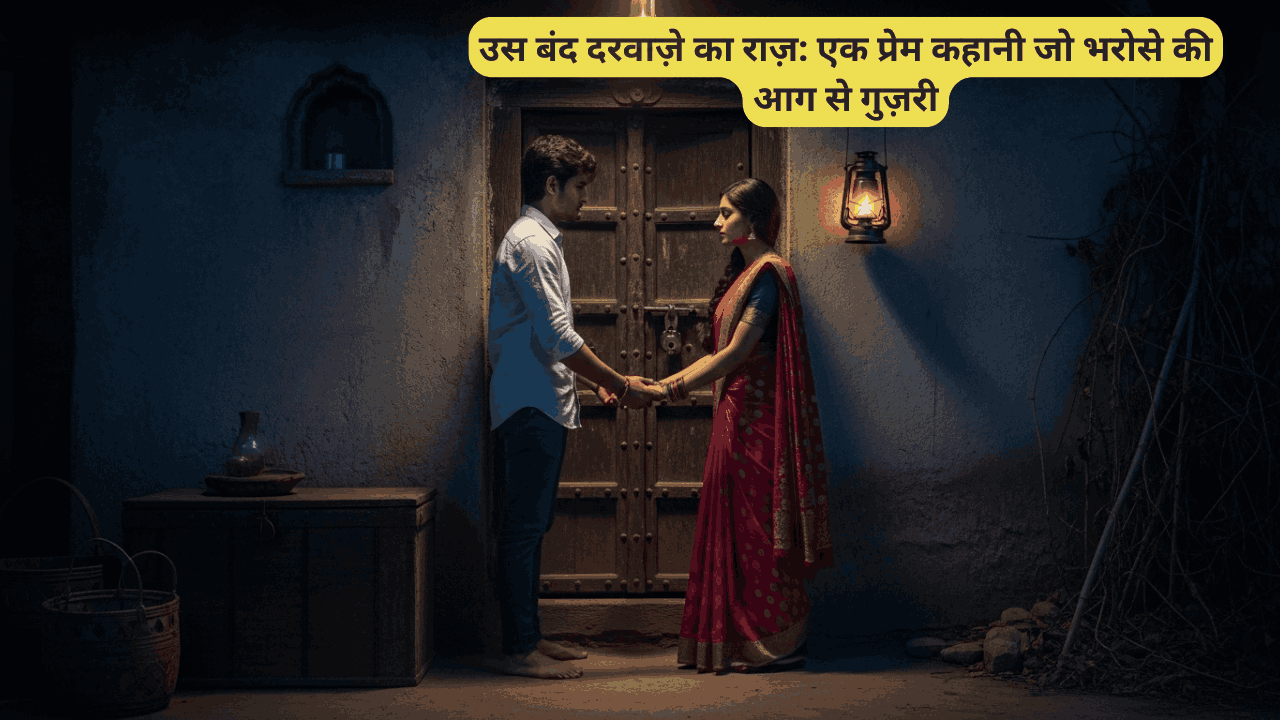 एक भारतीय प्रेमी जोड़ा एक पुराने बंद दरवाजे के पास खड़ा है, लड़की लड़के का हाथ थामकर उसे भरोसा दे रही है - एक सच्ची प्रेम कहानी का भावनात्मक पल।