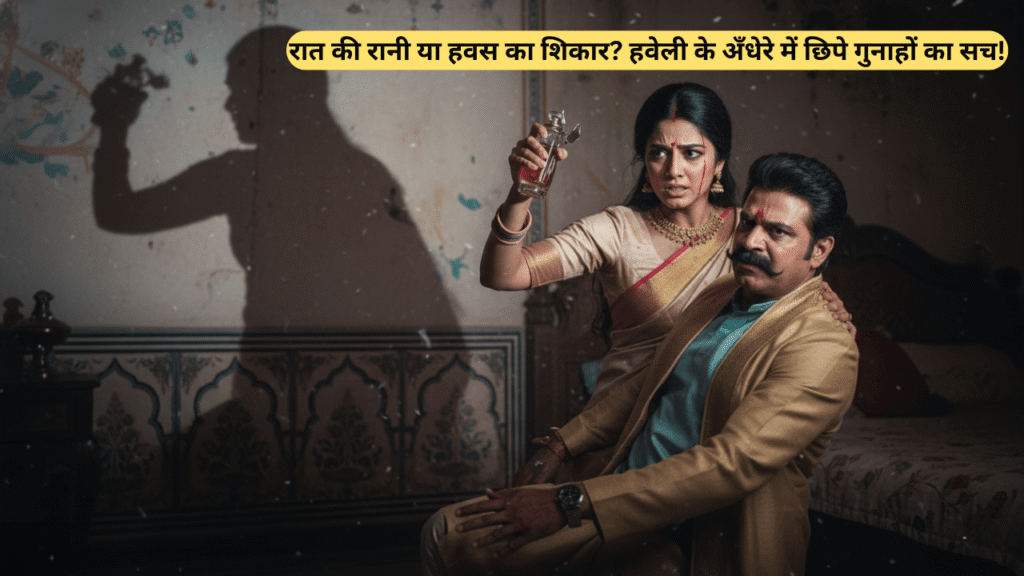 हवेली के कमरे में एक युवती (प्रिया) आत्मरक्षा में इत्र की शीशी उठाकर एक बुज़ुर्ग आदमी (ठाकुर) पर वार करने को तैयार - प्रिया की कहानी का दृश्य।