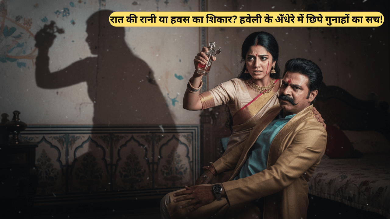 हवेली के कमरे में एक युवती (प्रिया) आत्मरक्षा में इत्र की शीशी उठाकर एक बुज़ुर्ग आदमी (ठाकुर) पर वार करने को तैयार - प्रिया की कहानी का दृश्य।