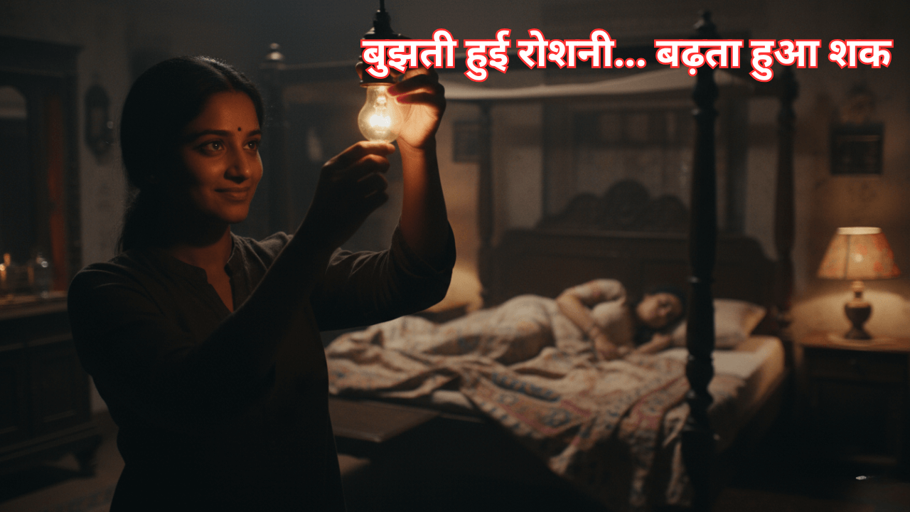 एक ननद (माया) रात में चुपके से अपनी सोई हुई गर्भवती भाभी (अनन्या) के कमरे का बल्ब चुरा रही है - सच्ची लव स्टोरी का रहस्यमयी दृश्य।