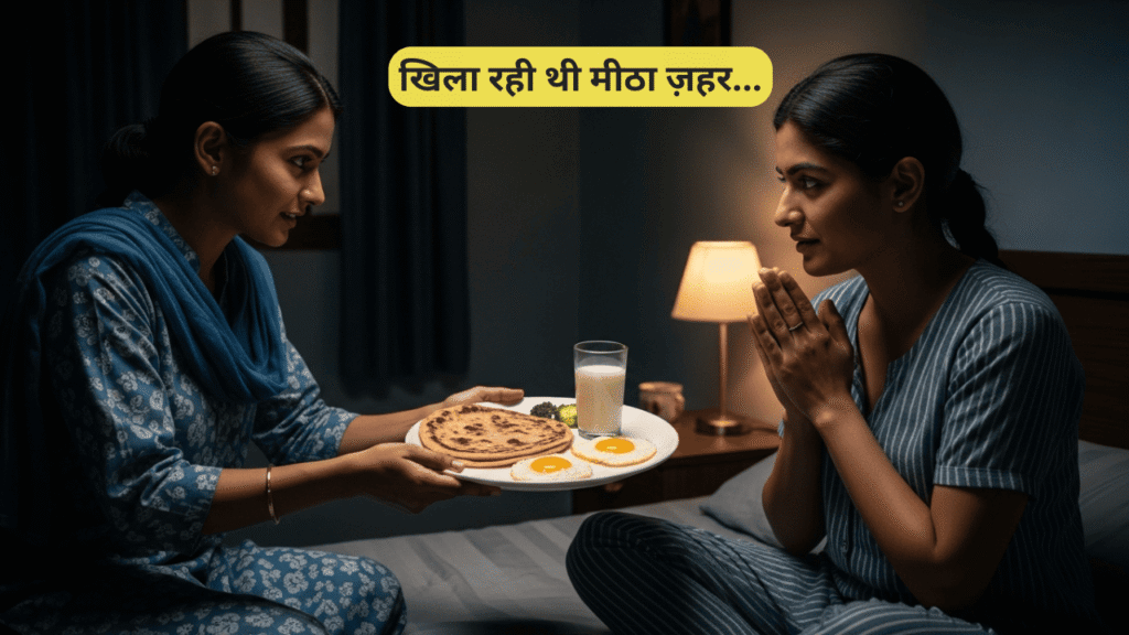 एक देवरानी (मीरा) अपनी विधवा भाभी (काव्या) को, जो अब उसकी सौतन है, रात में धोखे से पराठा और दूध दे रही है - एक सच्ची लव स्टोरी का सस्पेंस से भरा दृश्य।