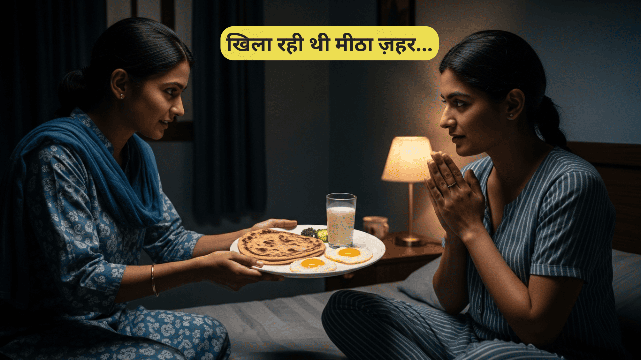 एक देवरानी (मीरा) अपनी विधवा भाभी (काव्या) को, जो अब उसकी सौतन है, रात में धोखे से पराठा और दूध दे रही है - एक सच्ची लव स्टोरी का सस्पेंस से भरा दृश्य।