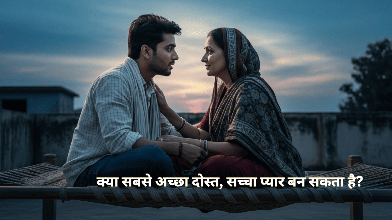 गाँव की छत पर एक लड़का (विकास) और लड़की (नेहा) बैठे हैं, जहाँ उनकी बचपन की दोस्ती प्यार में बदल रही है - एक सच्ची लव स्टोरी का रोमांटिक पल।