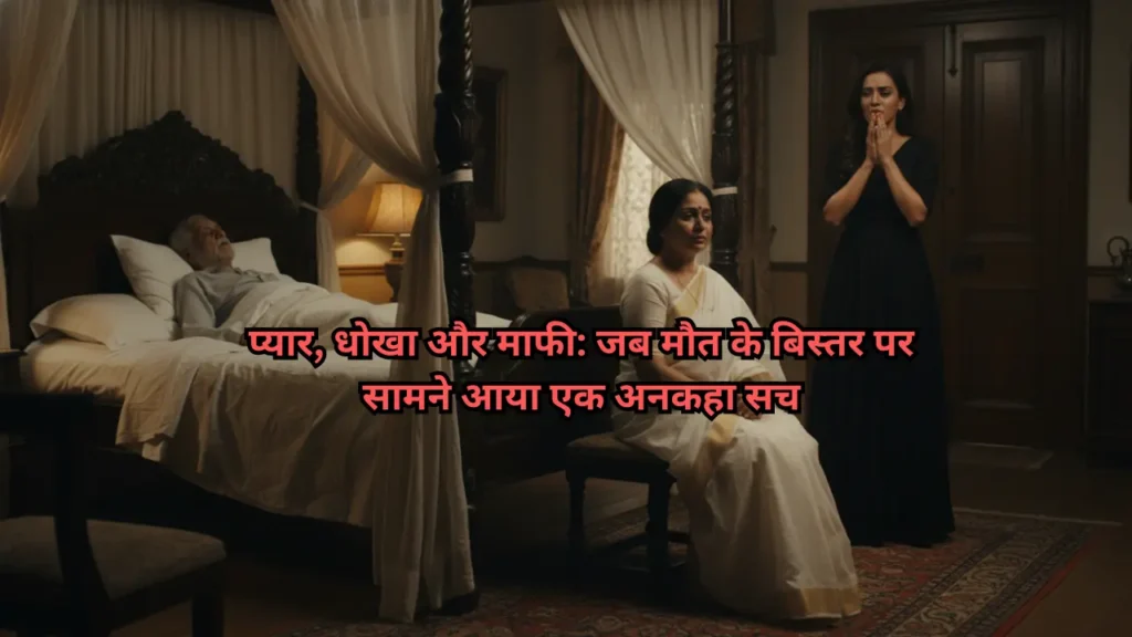 एक मरते हुए पति (राजेश) के बिस्तर के पास उसकी पहली पत्नी सविता (सफेद साड़ी) और दूसरी पत्नी प्रिया (काली ड्रेस) एक तनाव भरे कमरे में।