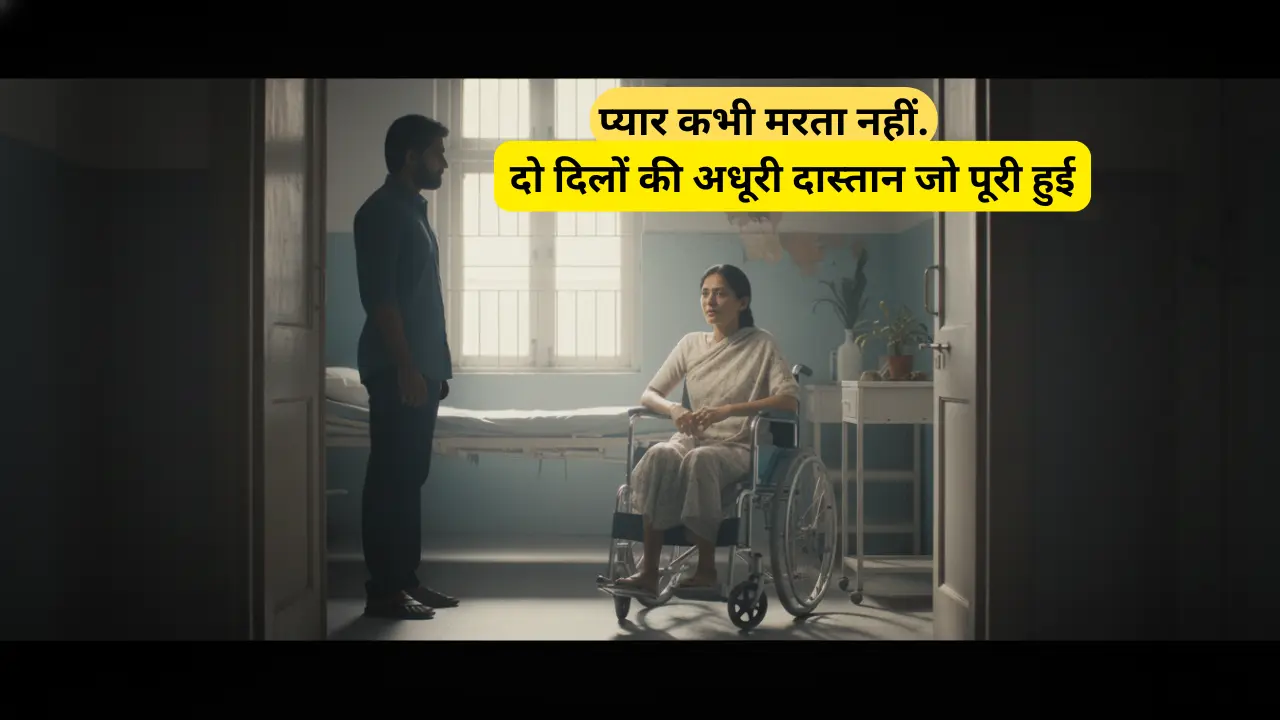 रवि अस्पताल के कमरे के दरवाज़े पर खड़ा है, व्हीलचेयर पर बैठी पूजा उसे हैरानी से देख रही है।