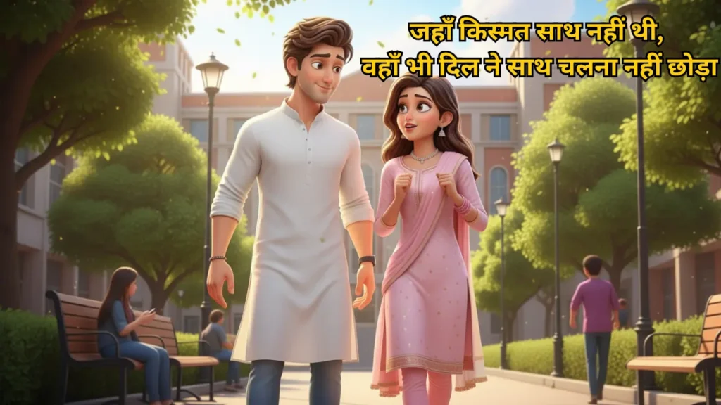 3D animated Indian couple walking together, emotional Hindi love story, destiny and sacrifice theme, cinematic romantic scene