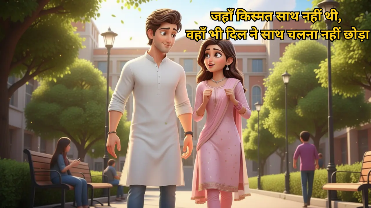 3D animated Indian couple walking together, emotional Hindi love story, destiny and sacrifice theme, cinematic romantic scene