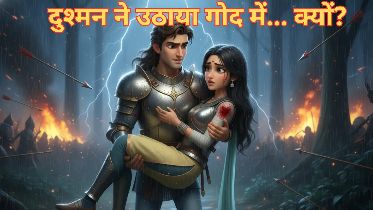 दुश्मन राजकुमार विक्रम घायल राजकुमारी सिया को गोद में उठाकर जंगल भागता हुआ, बारिश और बिजली के बीच रोमांचक प्रेम कहानी