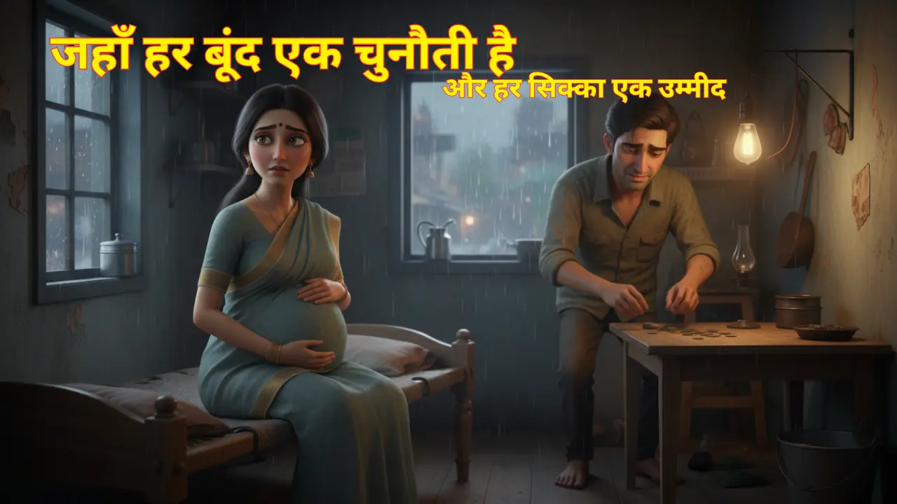 एक गरीब, बारिश वाले कमरे में गर्भवती राधा और सिक्के गिनता हुआ श्याम, उनके चेहरे पर चिंता के भाव हैं।