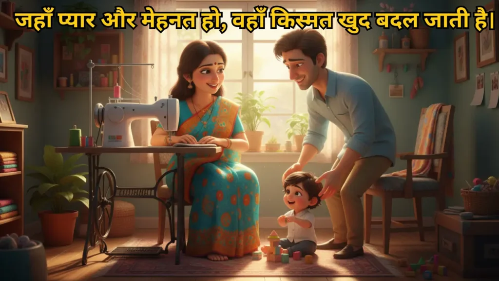 विद्या और सौरभ की खुशहाल जिंदगी, सिलाई मशीन पर काम करती हुई महिला, प्रेम विवाह की सफलता की कहानी, भारतीय परिवार।