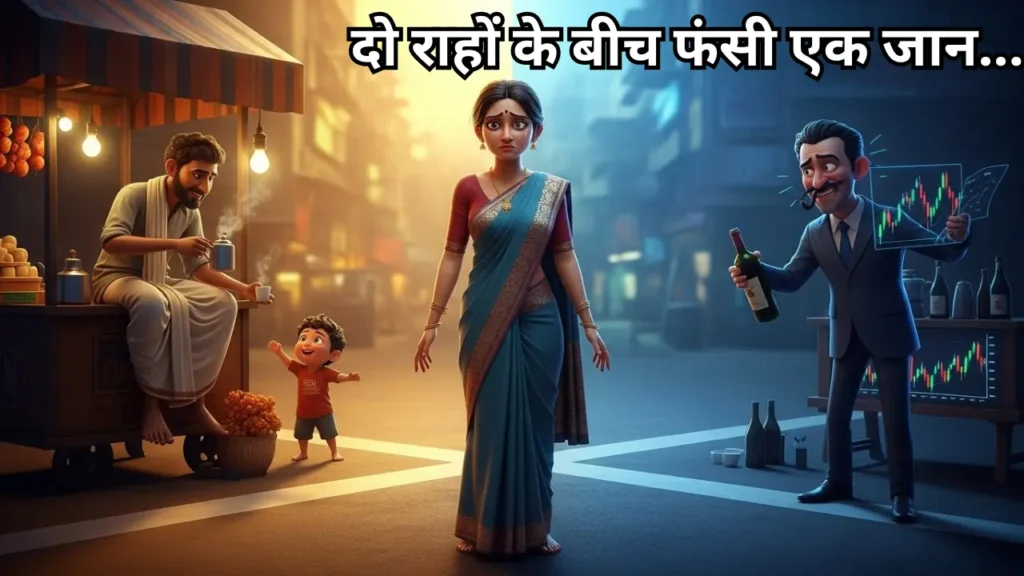 Roshni standing at crossroads between husband Ranjeet tea stall and lover Aditya with wine bottle - 3D story illustration.