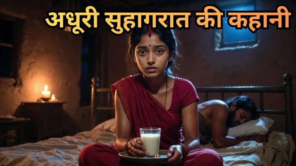 अधूरी सुहागरात की कहानी: एक देसी गाँव की बहू सपना दूध का गिलास लेकर पति के सोने का इंतजार करती हुई, आँखों में आंसू और सिंदूर भरी मांग, रात का माहौल