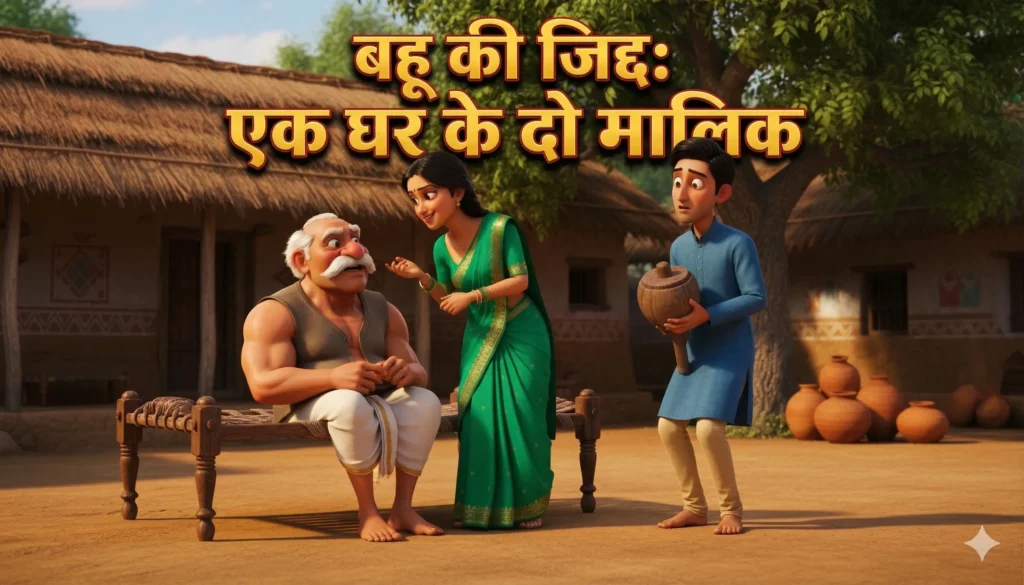 A 3D animated scene of a robust Indian elderly man exercising and his lazy son sitting in a village courtyard.
